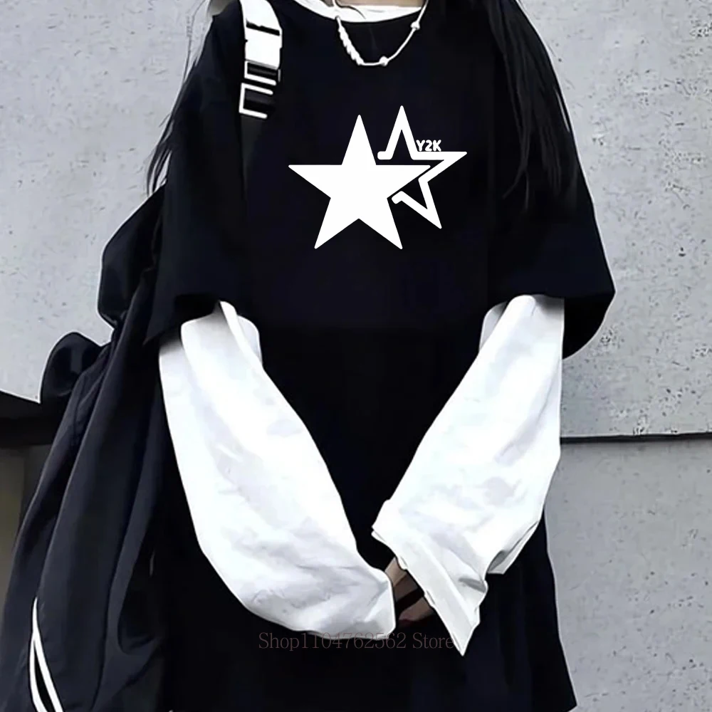 Camiseta de Manga Larga con Estampado Gráfico Y2K para Mujer, Estilo Gótico Retro Casual, Camiseta Holgada con Efecto de Dos Piezas
