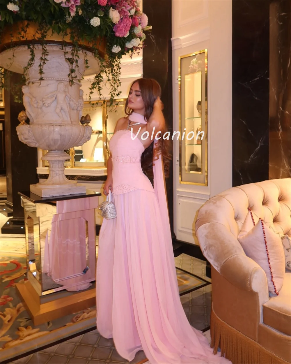 カスタマイズされたクラシックファッションシフォンスパンコールシャーリングストレートストラップレスロングドレスオーダーメイドオケージョンドレス高品質フォーマル