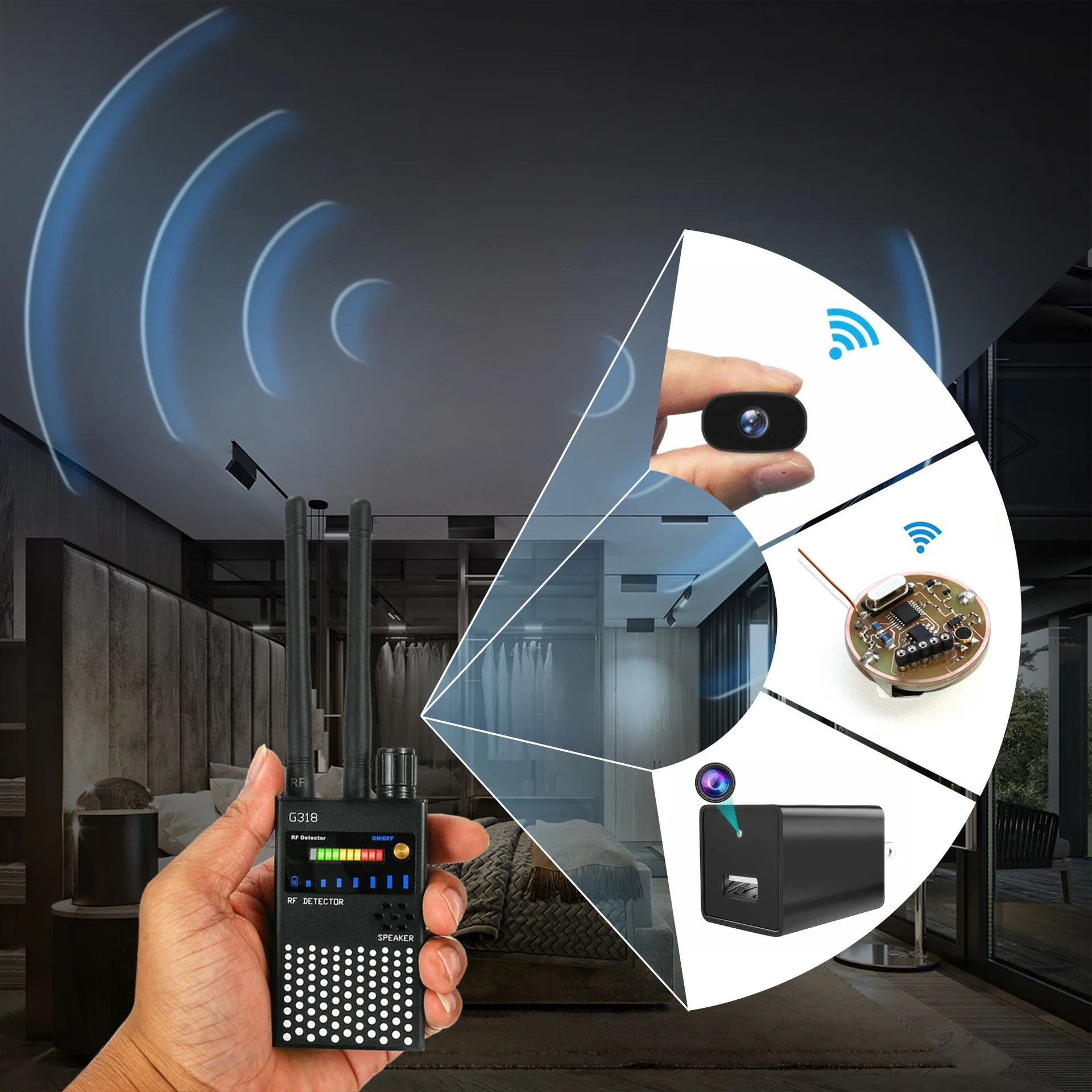 Rilevatore RF a doppia antenna: trova telecamere nascoste (2,4G/5,8G), localizzatori GPS, inserti Eavesdrop, indicatore LED a 10 livelli, metallo portatile