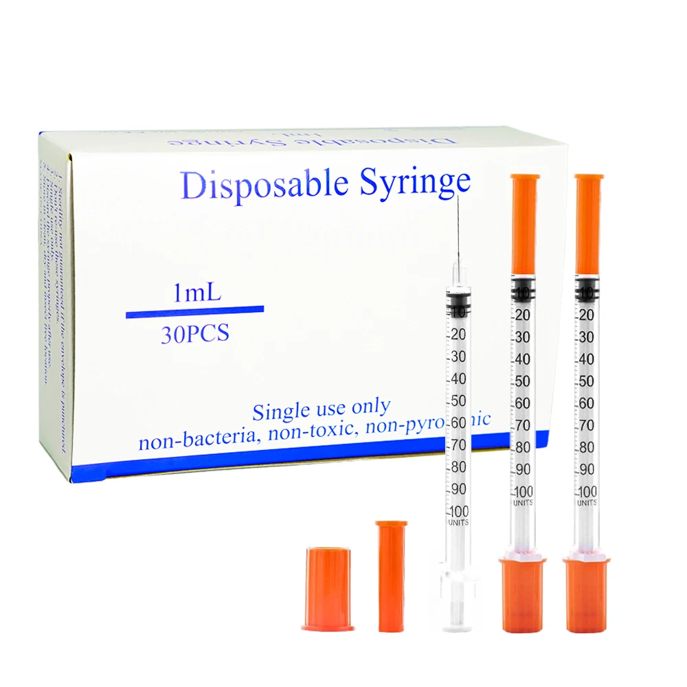 30pcs/Pack, 1ml Sterile Insulin Syringe with 29G 30G 31G Needle & Orange Cap Individually Wrapped for Feeding Pets