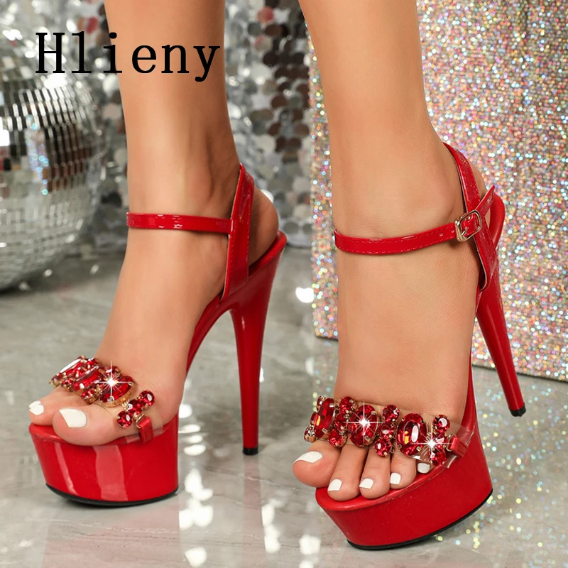 Hlieny Solid Platform Crystal Supe Stiletto High Heels Women Sandals Fashion Peep Toe Buckle Strap Pumps Design Party Shoes