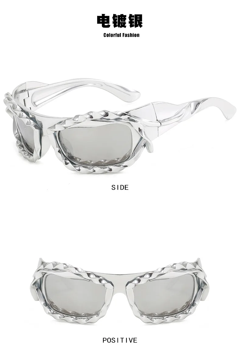 Einzigartige Hip-Hop-Y2K-Sonnenbrille für Damen und Herren, neue Sport-Sonnenbrille mit gedrehtem Design, Party-Sonnenbrille für Frauen, silberne Retro-2000er-Brille – Detail 8