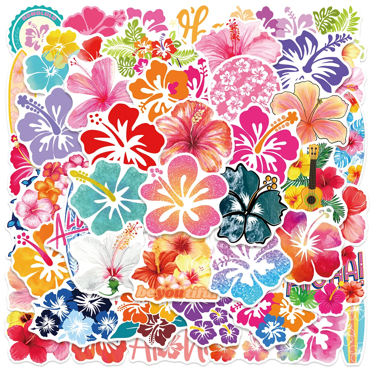 50 Stück Sommer Hawaii Hibiskus-Blumen Cartoon-Aufkleber Dekoration Gepäck Handy Gitarre Scrapbook Wasserfeste Aufkleber Kinderspielzeug