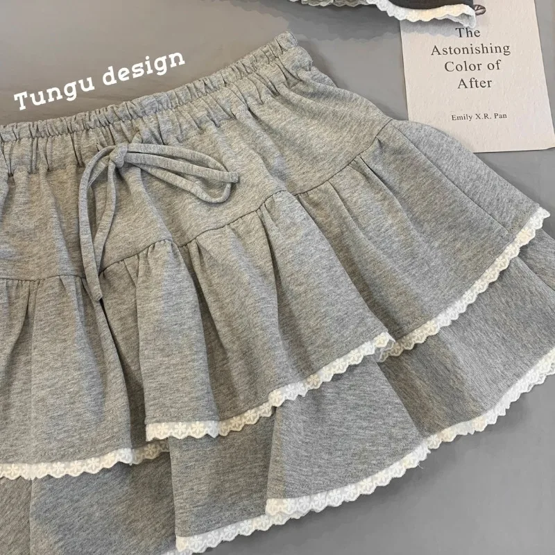 HOUZHOU rok pendek Kawaii wanita Jepang lucu renda perca Lace-up pinggang elastis A-line Ruffle rok Mini Lolita Harajuku