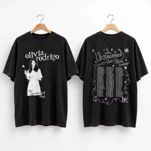 2026  Olivia Rodrigo The Unraveled Tour Merch T Shirt Retro Portrait Tour Dates Back Print Washed Black Oversized Tee Men Women