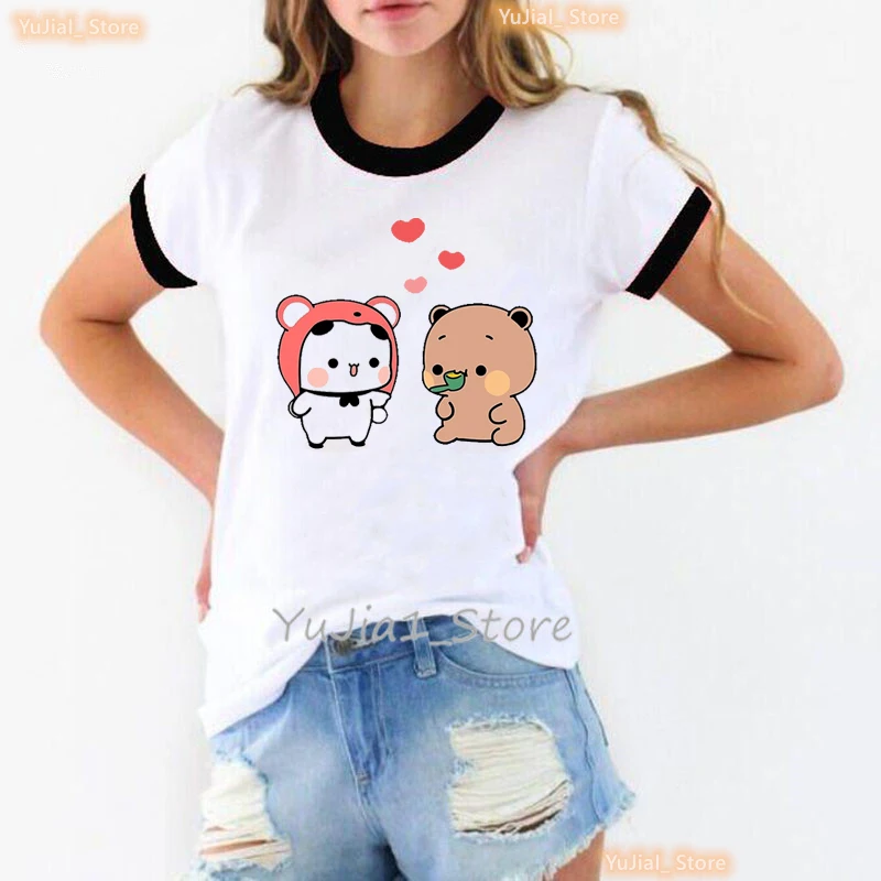 Kawaii Panda Bubu Dudu Cartoon Print T Shirt Girls Pink Bow Rose Love Tshirt Women Harajuku Shirt Summer Short Sleeve T-Shirt