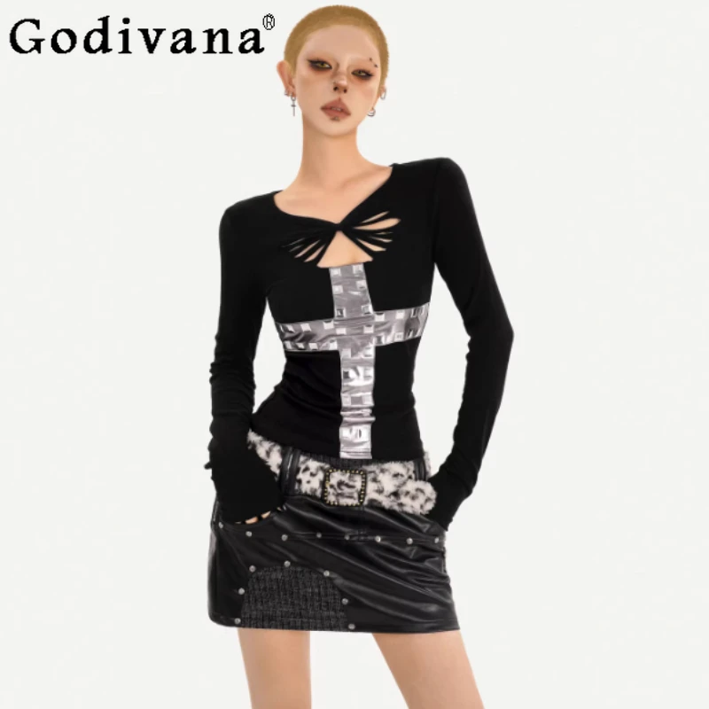 

Spring New Cool Subculture Sexy Hollow Long Sleeve T-shirt Personalized Women Black Crew Neck Slim-fit Versatile Fashion Tops