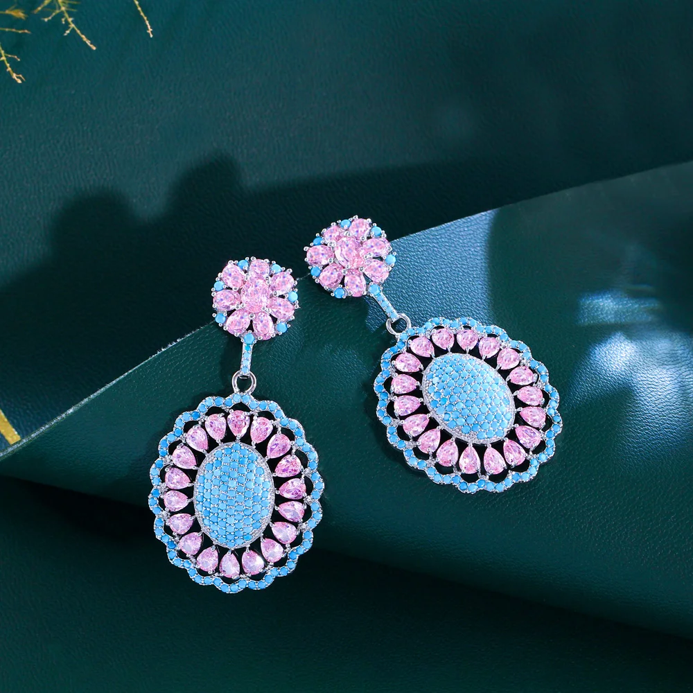 CWWZircons Heavy Stone Work Light Blue and Pink Cubic Zirconia Pave Big Long Flower Earrings Luxury Party Wedding Jewelry CZ736