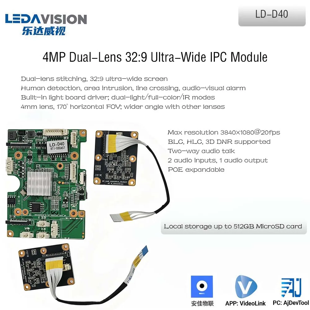 D40 4MP Dual Lens 32:9 Ultra Wide Stitching Camera Module MSC30KQ+GC20XX 170° Horizontal FOV Human Detection POE CCTV IPC Board
