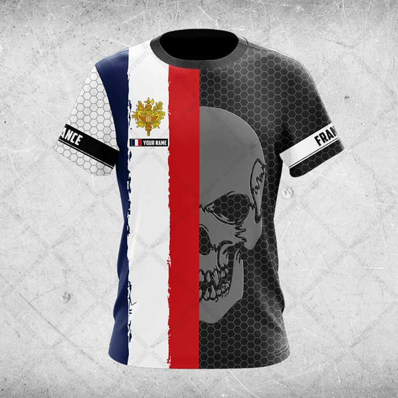 Camisetas con patrón de calavera con emblema de Francia para hombre, jersey de moda, camisetas casuales de verano, ropa de calle suelta, Tops de manga corta