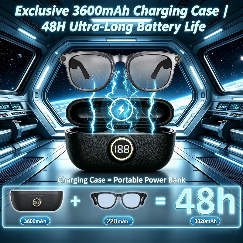

2026 New Smart Glasses+3600mAh Charging Case 800W HD Camera EIS Anti-shake Shooting AI Voice Assistant Fashionable Smart Glasses
