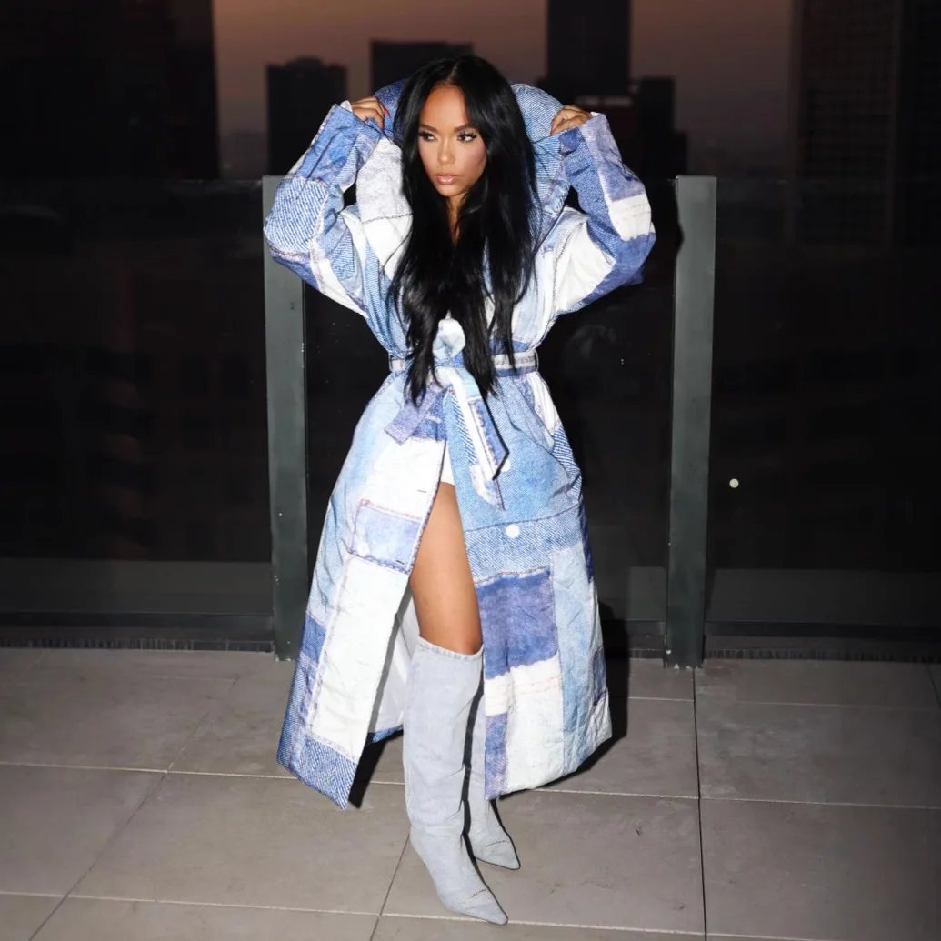 Parkas denim casacos feminino jaqueta longa impressão rendas até mangas compridas turn down collar duplo breasted solto casual 2025 outono inverno