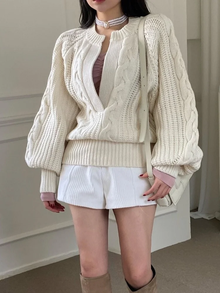 

Корейский теплый твидовый вязаный свитер с V-образным вырезом, женский осенний новый модный высококачественный топ для поездок на работу, чистый E-Com...