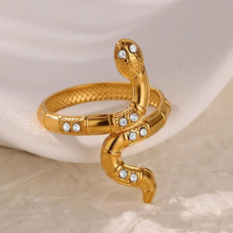 Zircon Snake Stainless Steel Open Ring For Women Punk Gold Color Wedding Aesthetic Ring Snake Animal Jewelry Accessories BFF