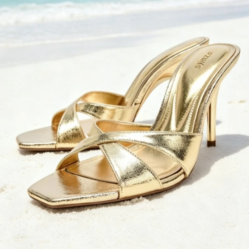

Gold Cross Tied Metalized Pattern Slingback Sandals Women Fashion Square-Toe Open-Toe Slide Sandal Summer Elegant Designer Shoes