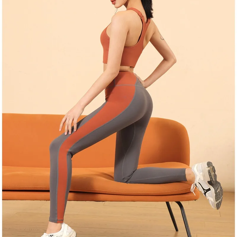 

Spliced Contrast Leggings Peach Yoga Pants Women Outerwear Raised Hips Work Out Suit High Waist Fitness Suit Nude Yoga Top