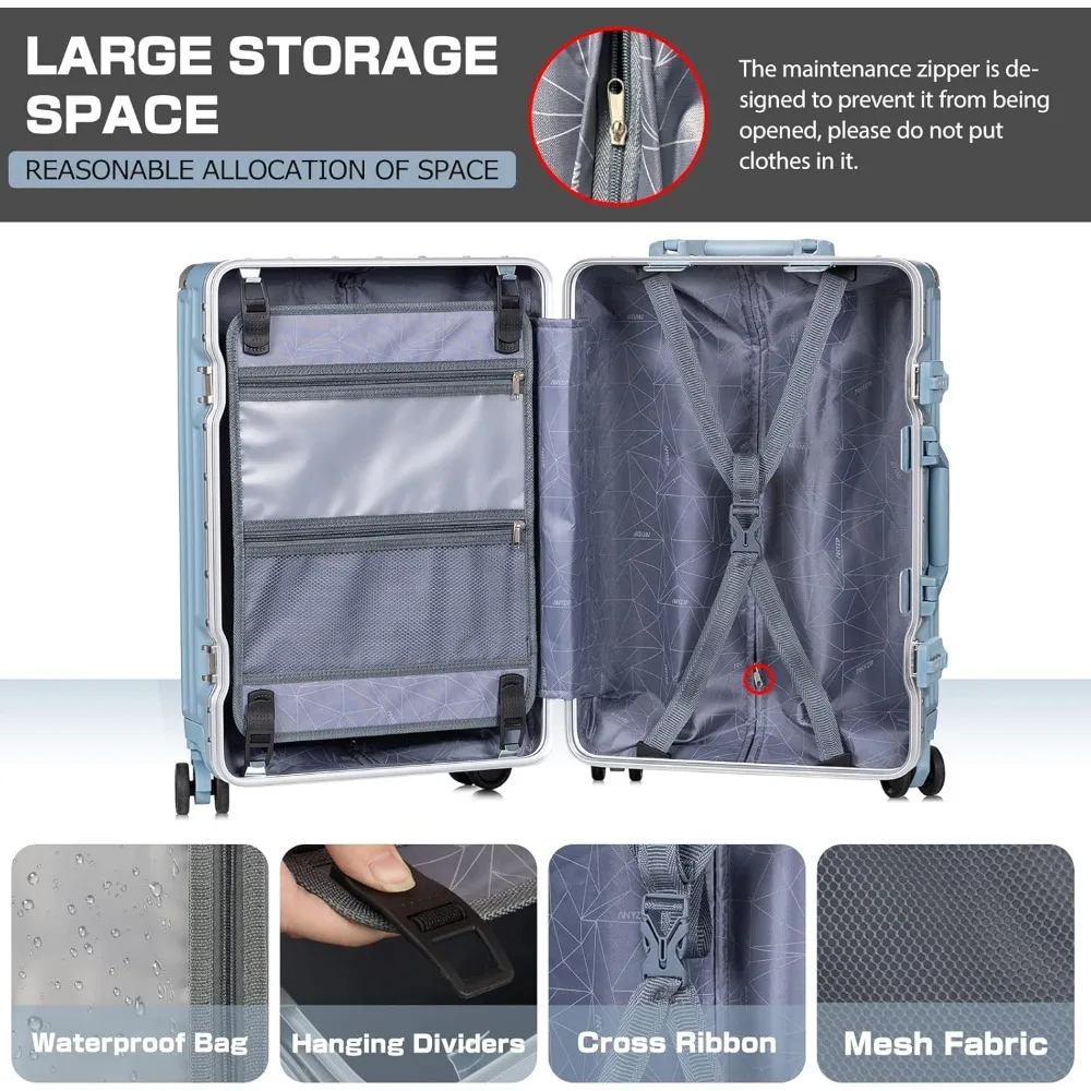 Aluminum Frame Hard Shell TSA Lock Luggage Suitcase 28 Inch Blue Travel Case No Zipper Long-Lasting Durability