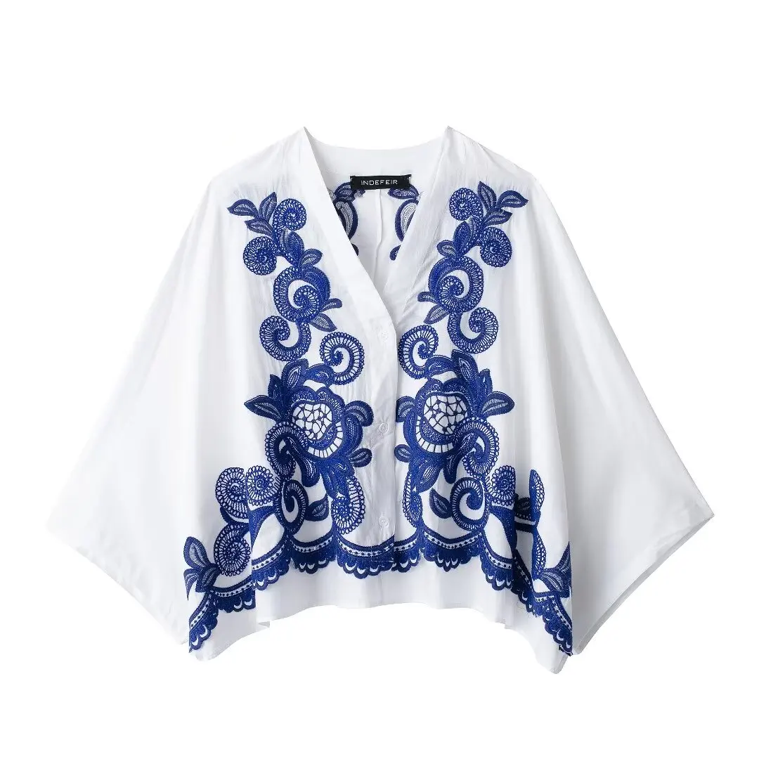 HH 2024 Women 2 Piece Set Single-Breasted Blue Embroidery Decoration Casual Shirt Top+Folds High Waist Midi Skirt