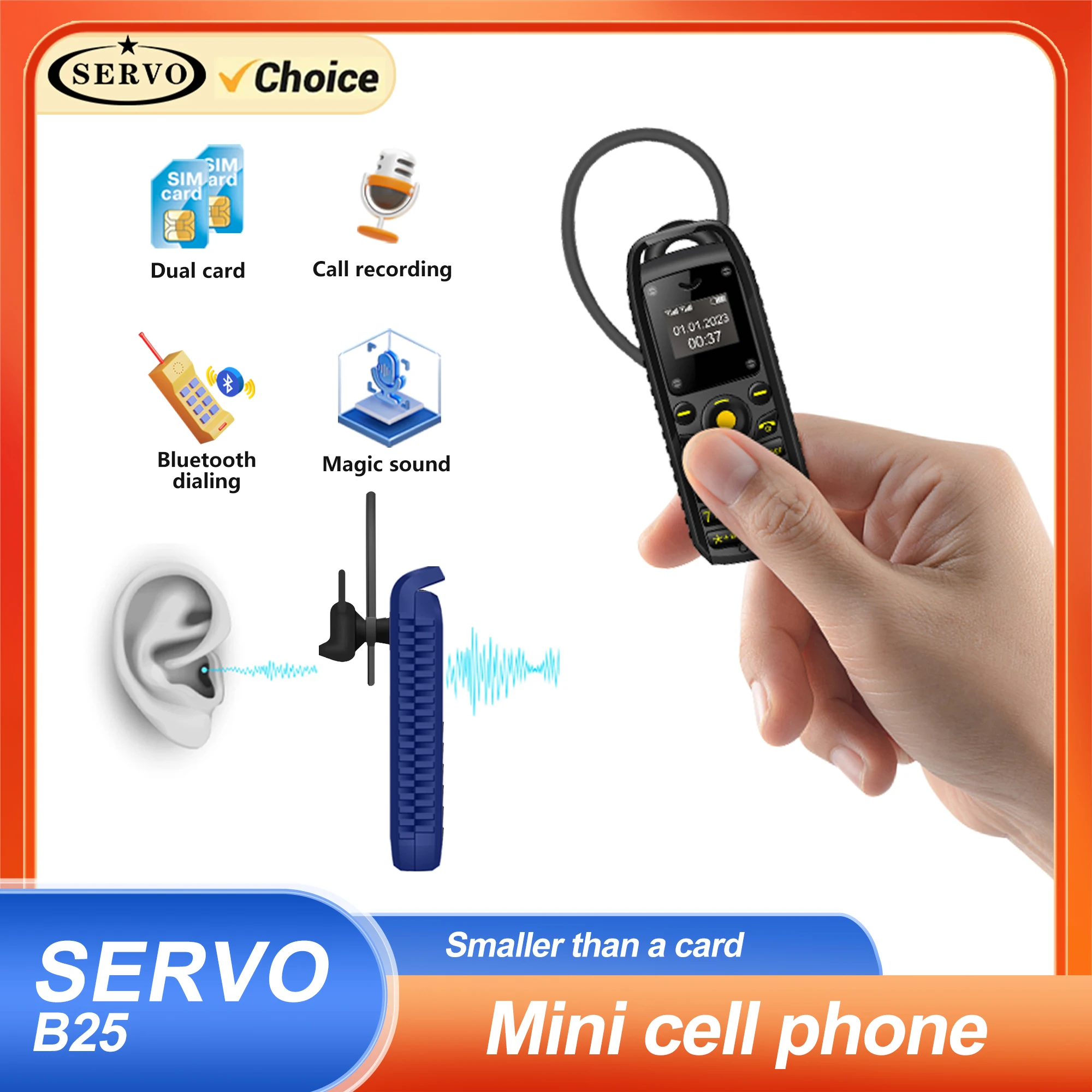 SERVO B25 Mini Feature Mobile Phone Bluetooth Dialing Blacklist Smallest Backup 2 SIM Super Small Cell Phone Wear around Ears