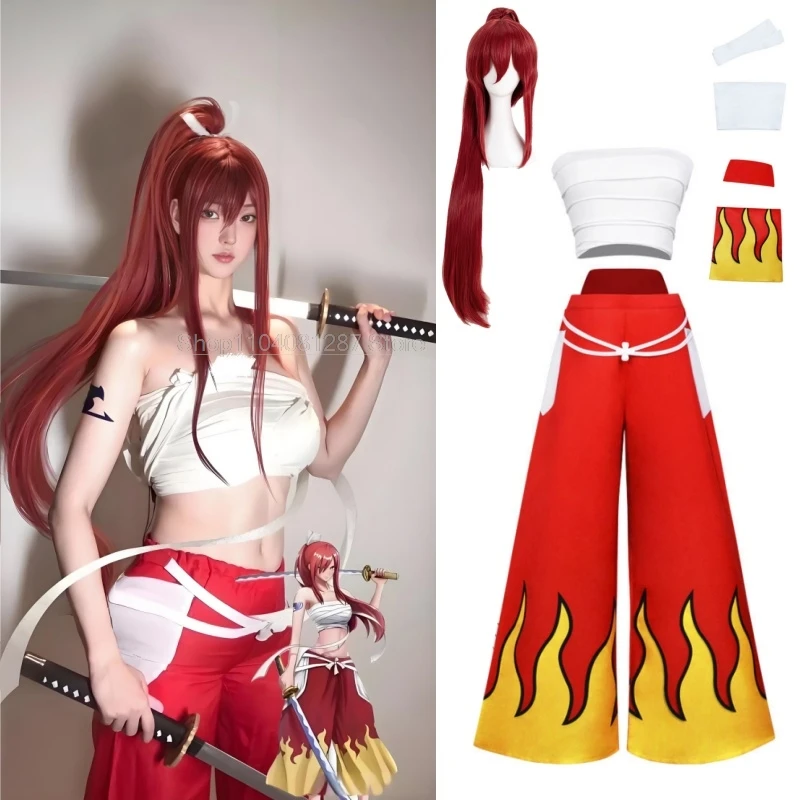 Anime Cosplay Women Japanese Erza Scarlet Cosplay Costume Pants White Tube Tops Red Cool Set Dark Blue Tail Tattoo Sticker