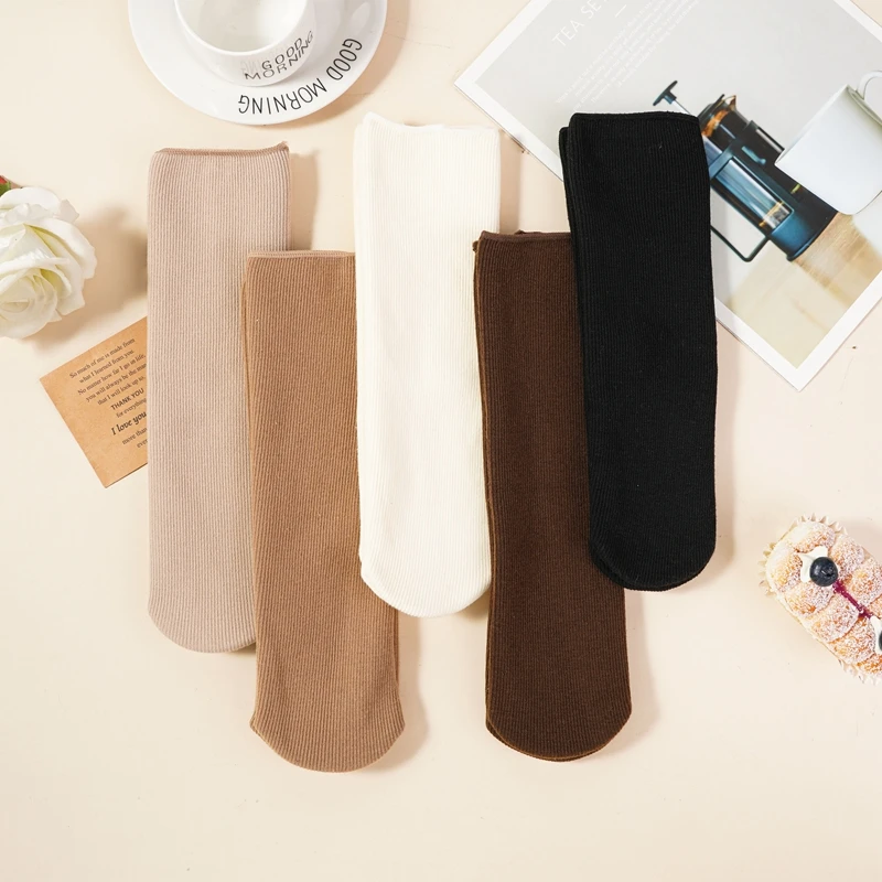 5 Pairs Autumn Winter Basic Versatile Socks Women Warm Knitted Plush Sock Simple Daily Casual Middle Tube Socks