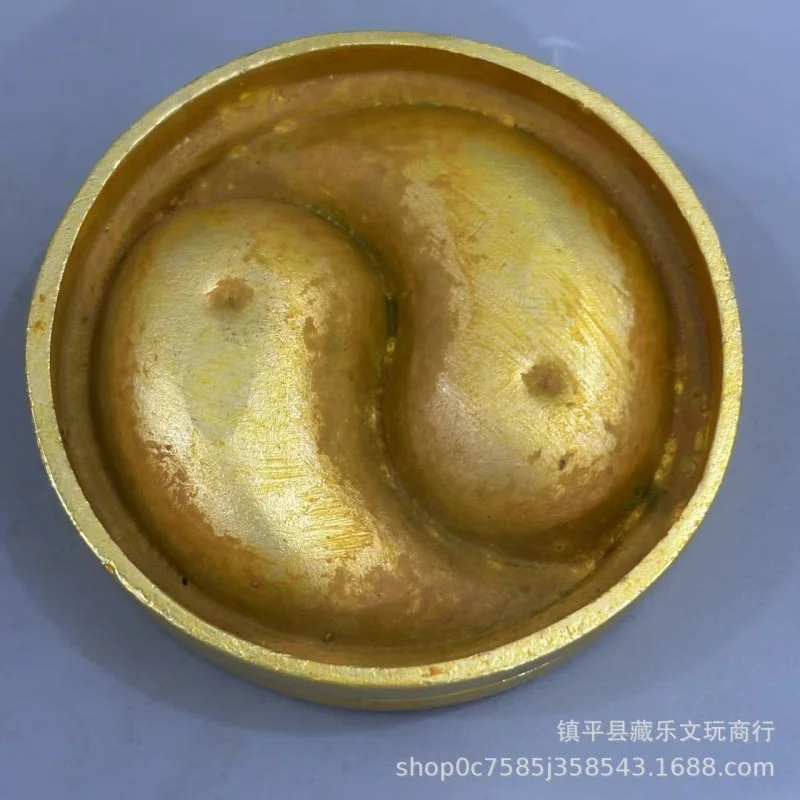 Antique stationery items: "Dragon Playing with Pearls" design, old copper alloy , round , ink pad box, decorative