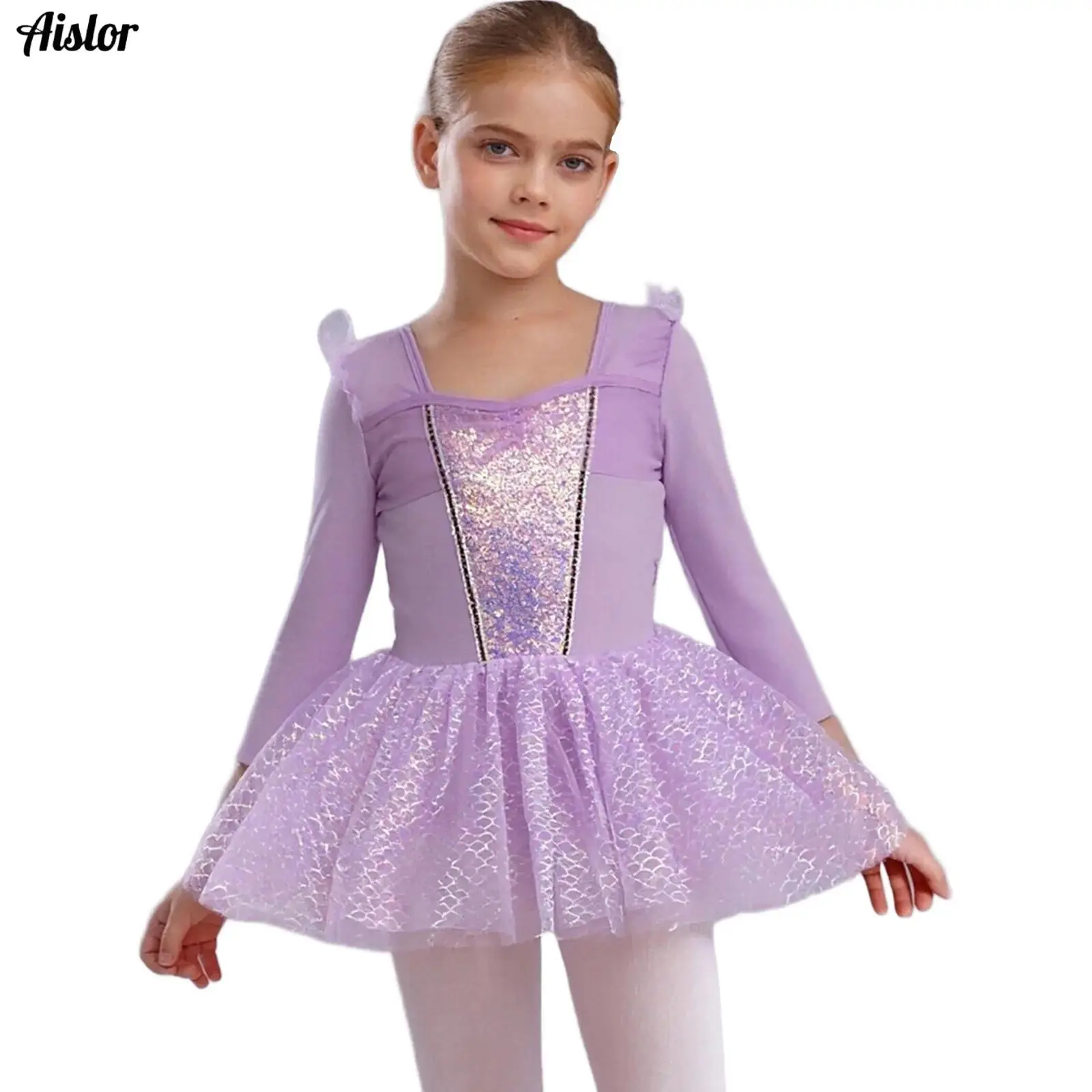 

Kids Girls Ballet Dance Dress Sheer Mesh Ruffle Long Sleeve Sequins Patchwork Fish Scales Tulle Tutu Leotard Dress Dancewear