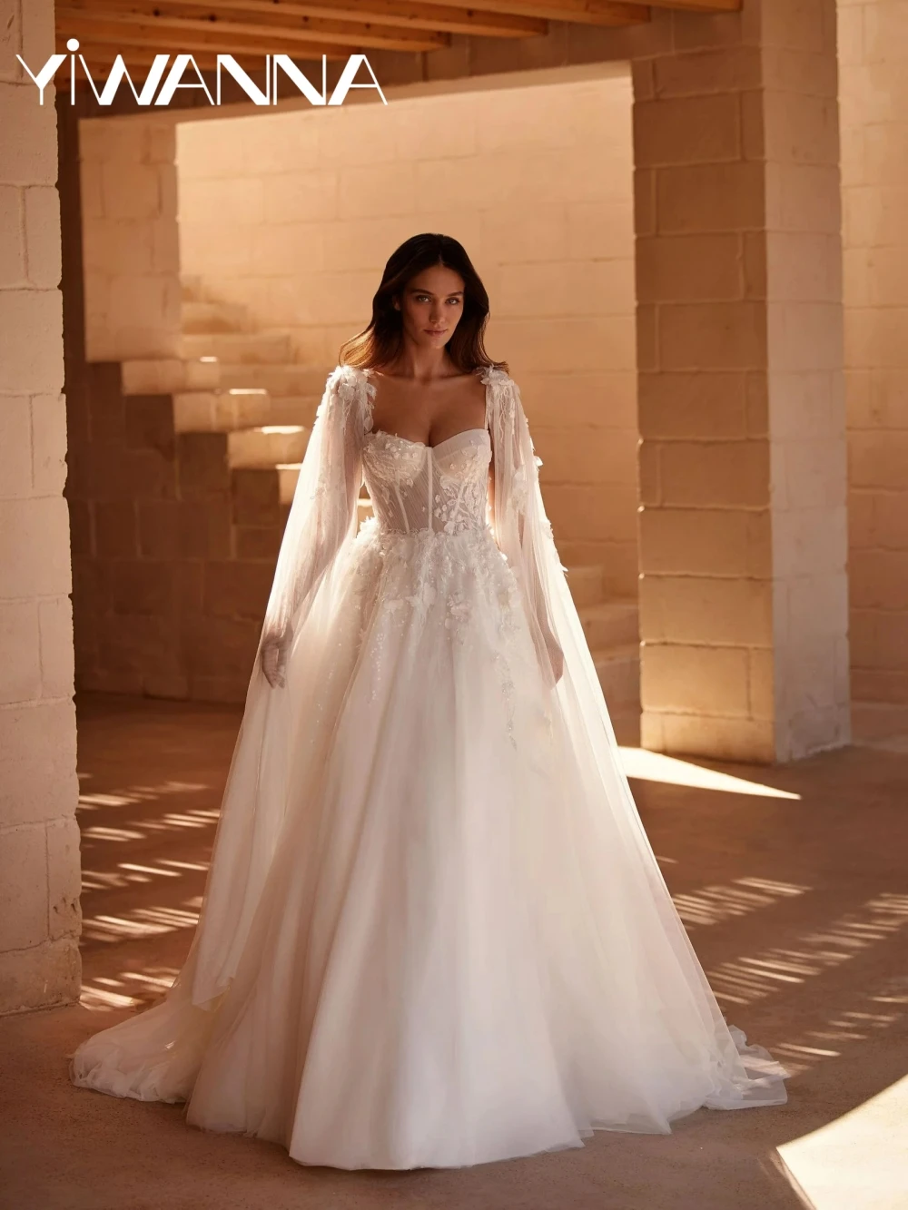 

Dreamy Ivory Beaded 3D Flower Wedding Dress With Cape Sleeve Graceful A-line Long Bridal Gown Customized New Dresses For Bride