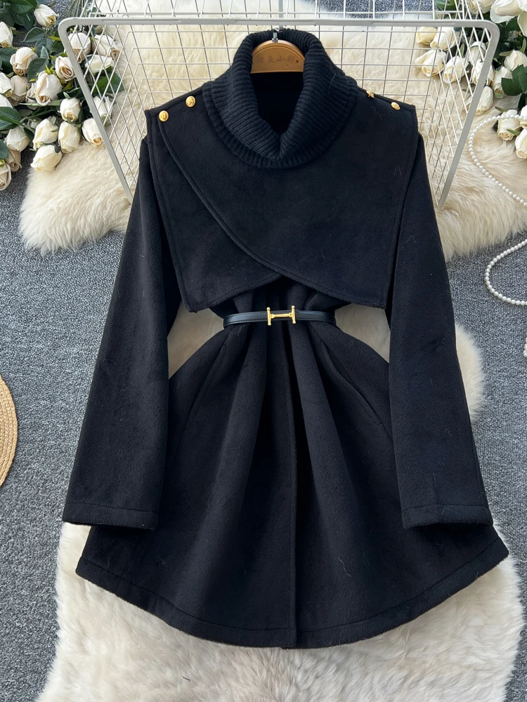 エレ ハイウエスト ニット ウール コート ベースレイヤー ハイネック ツーピースセット レディース ファッション 通勤 スタイル Aラインスカート