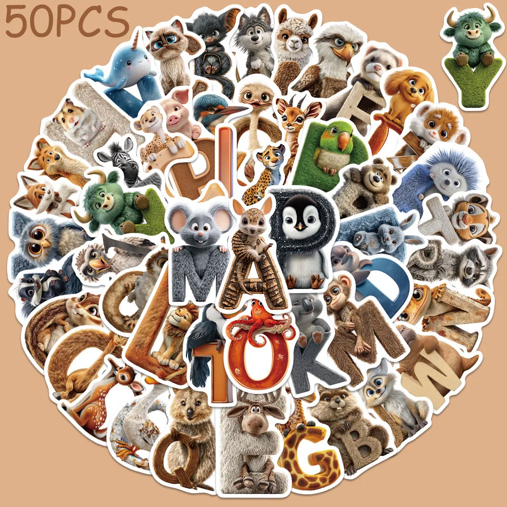 

50pcs Cartoon Alphabet Animals Stickers Decals For Laptop Scrapbook Luggage Skateboard Letter DIY Aesthetic Waterproof Stickers