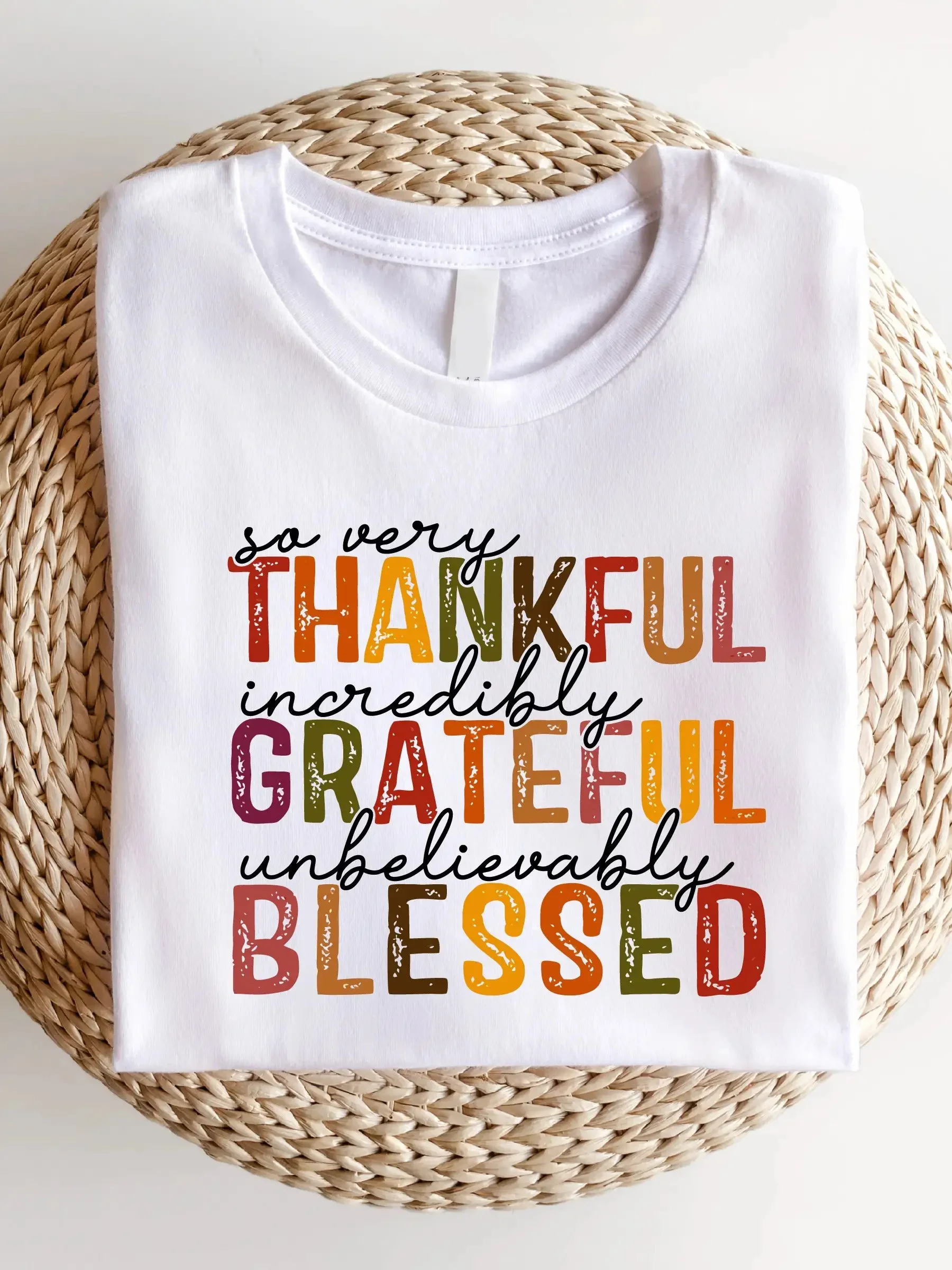 

Thanksgiving Blessing T-Shirt Black Short-Sleeve Family Matching Shirt Colorful Gratitude Blessing Print Casual Round-Neck Top Suitable for All-Season Wear
