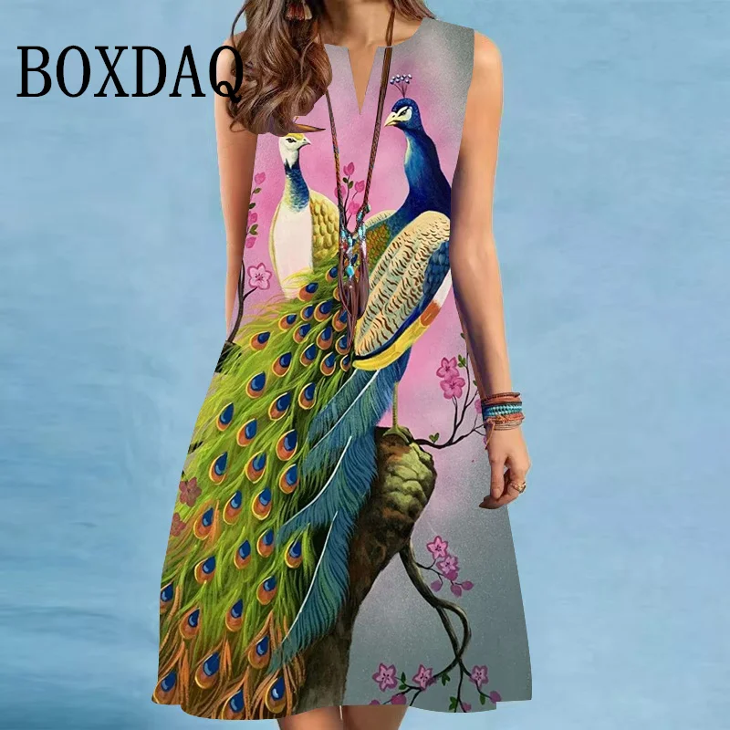 Retro 3D Print Women Dresses 2025 New Summer Sleeveless Peacock Pattern Loose A-Line Dress Loose Casual V-Neck Party Midi Dress