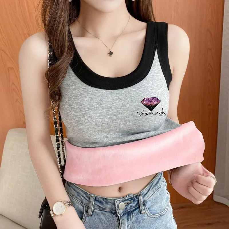 2024 New Two Tank Tops Women Plush Thickened Winter Straps Small T-shirt Top Gallus Beautiful Back Bottom Layer Warm Underwear