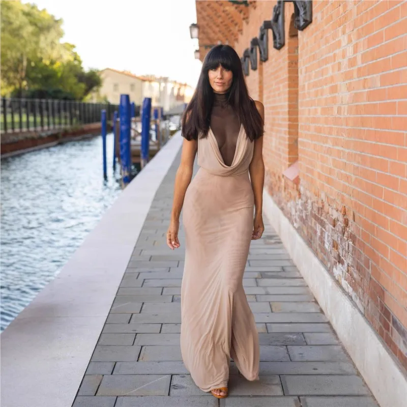 

Sexy Ruched U Neck Spliced Mesh Prom Dress Women's Clothing High-end Sleeveless Slim Hip-wrapped Sexy Backless Halter Neck Dress