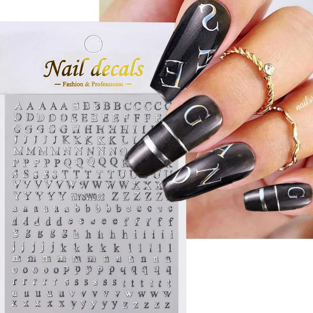 1Pcs 3D Roman Letters Nail Art Stickers 26 English Uppercase/Lowercase Self Adhesive Nail Decals Golden Silver Letter Sliders &1