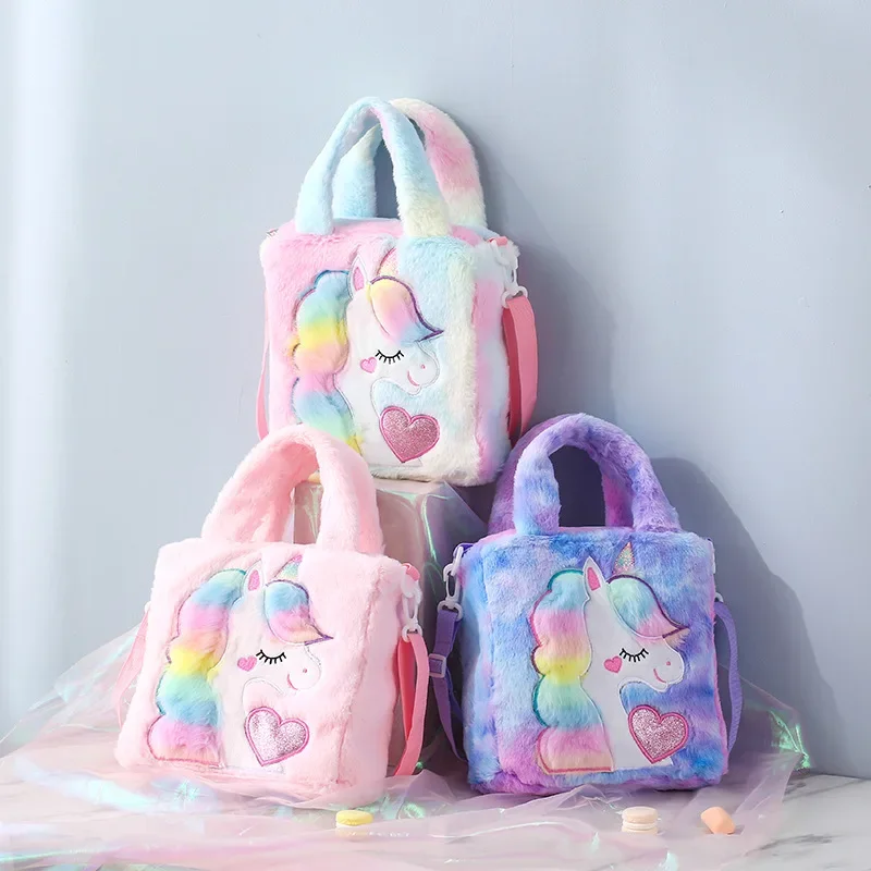 Bolsos para niños, bolsos de hombro, bolso de hombro de felpa bordado de dibujos animados, bolso bonito para niñas, bolso cruzado de unicornio para niñas