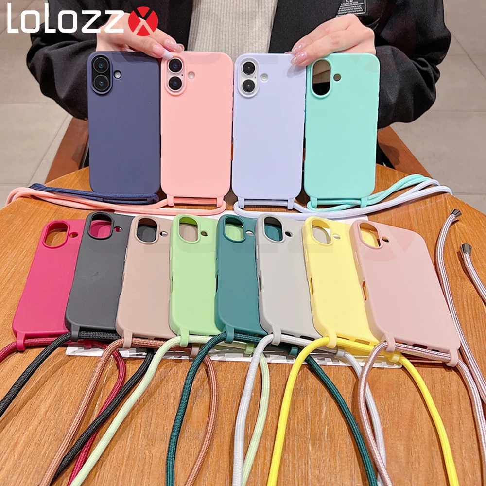 جراب هاتف Crossbody لهاتف iPhone ، سيليكون ناعم ، بلون واحد ، حلوى TPU ، غطاء ممتص للصدمات ، حزام قلادة ، iPhone 15 ، iPhone 16 Pro Max ، iPhone 13 ، iPhone 12 ، iPhone 14 Plus