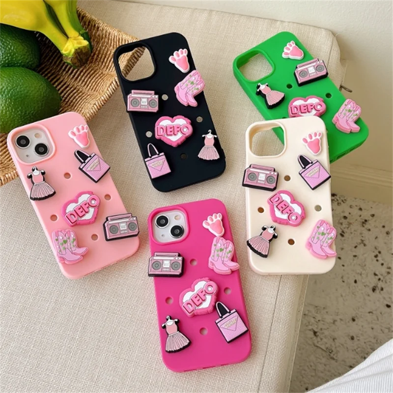 3D Cartoon DIY Hole Buckle Cute Princess  Phone Case for iPhone15 Pro Max 14Plus 13 mini 12 11 X XR Girls Accessories Phone Case