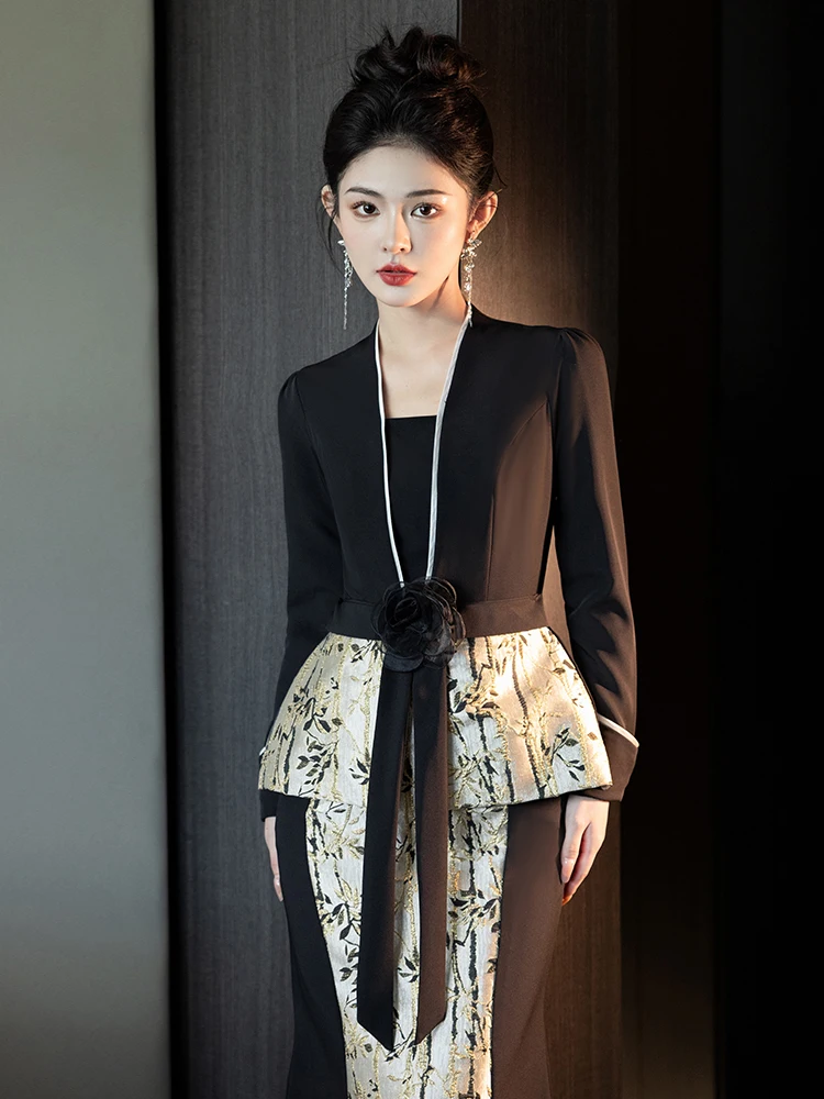 

Ele Bla Evening Gown Women's Ball Host High-End Luxury Tailored Long Sve Fi Tail Dr for Year End Par