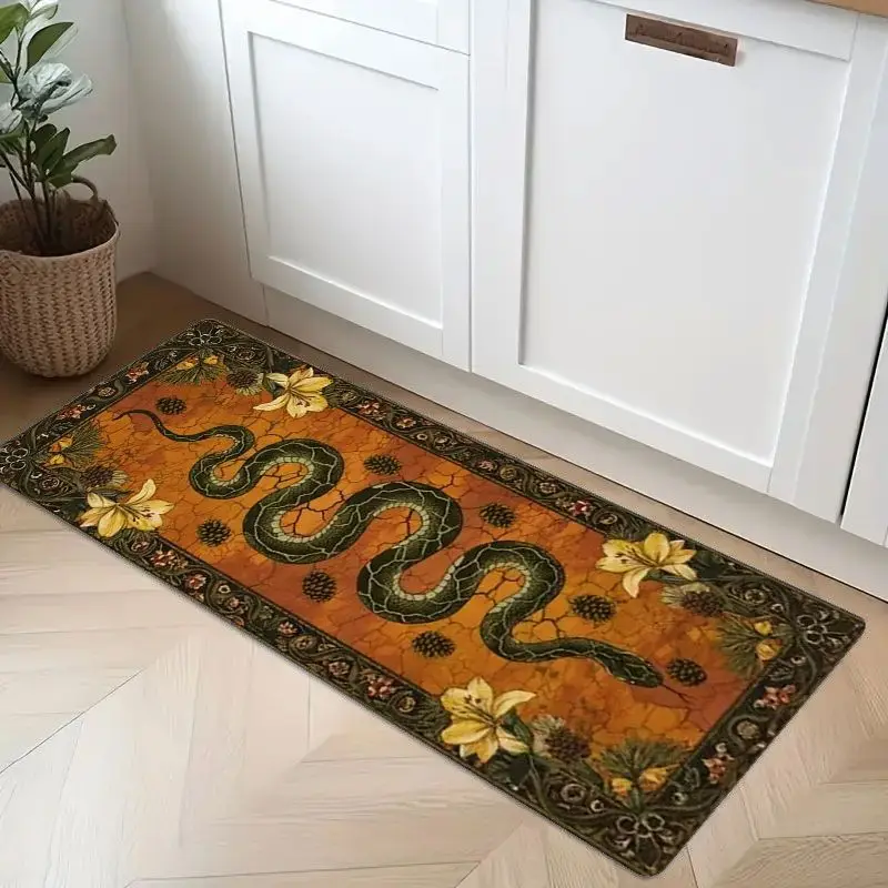 Antique Crack Orange Snake Lily Pinecone Runner Rug, Non-Slip Mat for Kitchen Hallway Bathroom Daily Retro Dark Holiday Decor