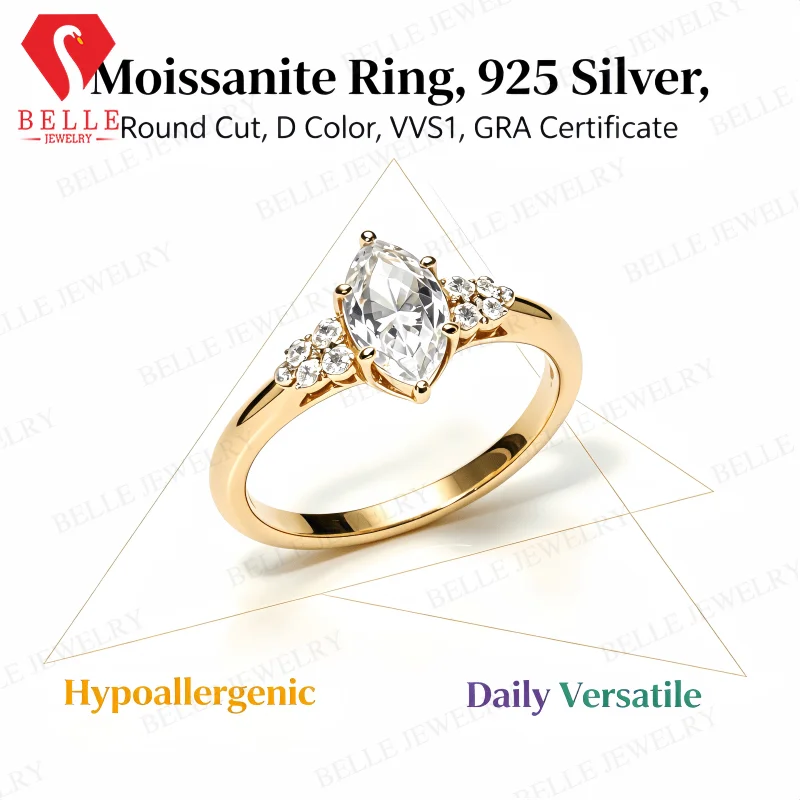 Moissanite Ring 1.5CT D Color VVS1 Marquise Round Cut 925 Silver GRA Certified Daily Versatile Commute Wear Ideal Gift for Her