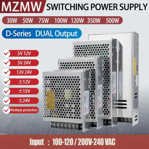 Salida MZMWDUAL al mismo tiempo Fuente de alimentación conmutada 30W 50W 75W 100W 120W 350W 500W + - 5V 12V 24V 15V Salida múltiple SMPS