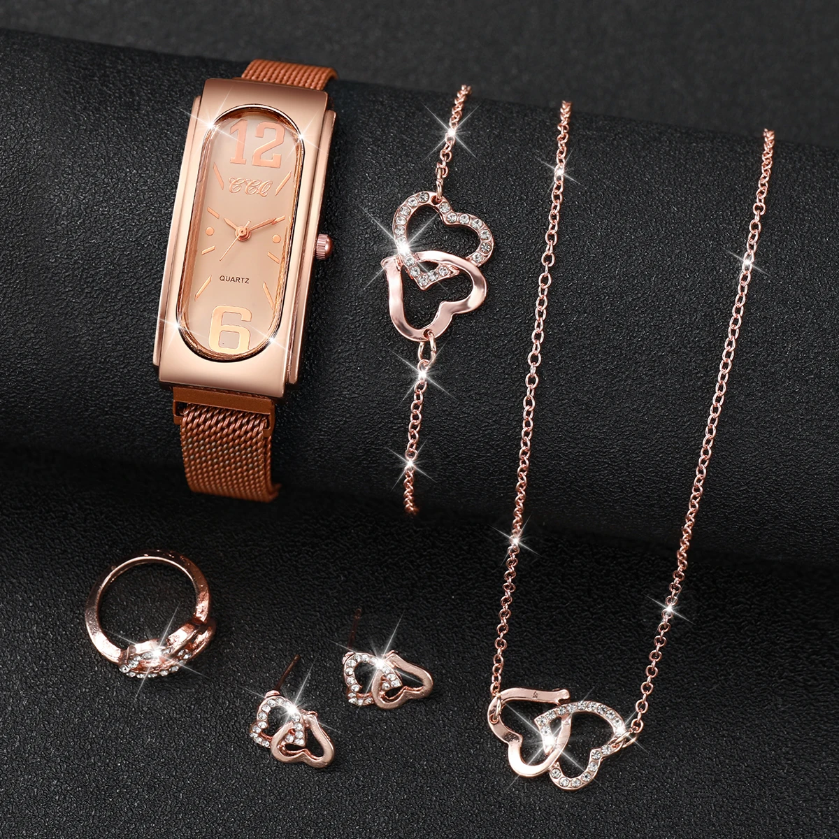 6 Stks/set Dameshorloge Koreaanse Editie Eenvoudig Quartz Horloge Met Dubbele Liefde Sieraden Set