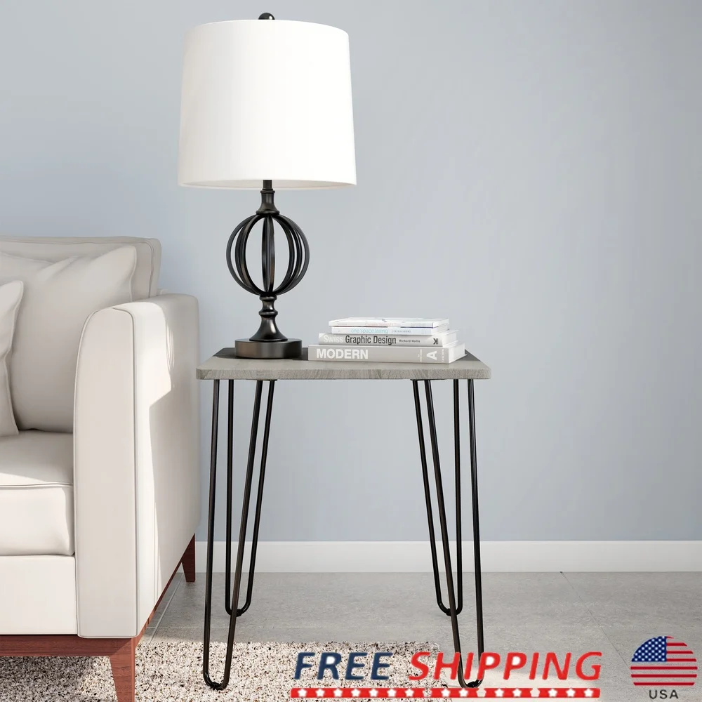 

Modern Accent Table with Hairpin Legs Woodgrain Finish Sturdy MDF Steel Indoor Use Easy Assembly Space Saving Design
