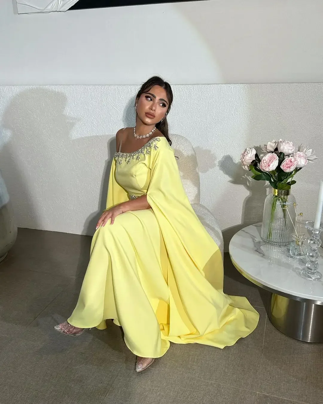 Yellow Prom Dresses Pleated Beadings Floor Length Long Sleeves Evening Dresses One Shoulder Back Zipper Saudi Arabia Party Dress