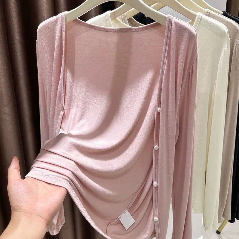 Summer Black Tshirts Outerwear Coat White V-neck Cardigan Buttons Light Jacket Pink Tees Female Clothing