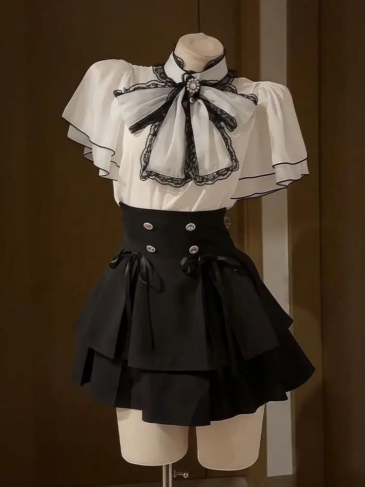 Japanese Style Lolita Sweet Suit Women Harajuku Solid Bow Blouse Shirts Girly JK High Waist Slim Y2k Mini Skirt Set Summer 2025