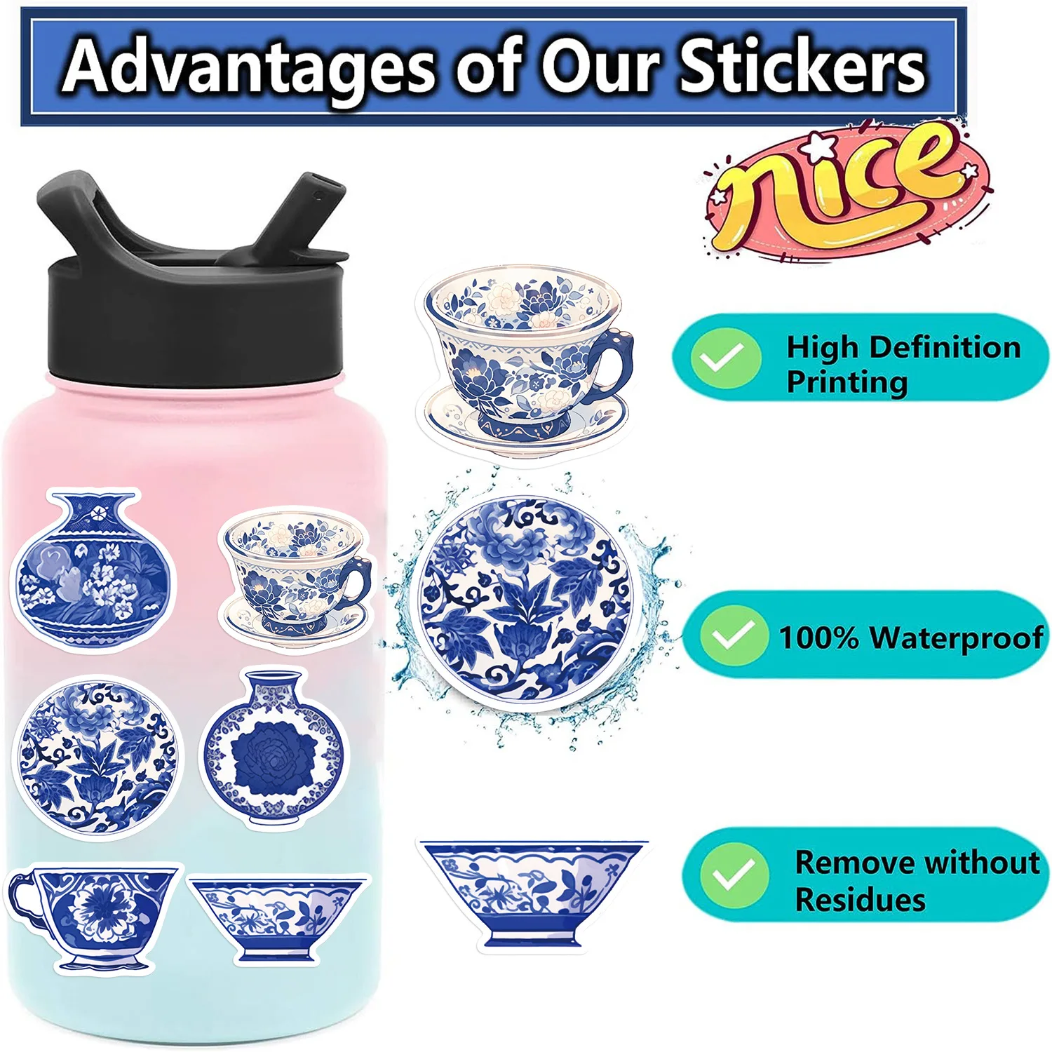 10/30/50PCS Blue and White Porcelain Chinese Style Sticker DIY Phone Laptop Luggage Skateboard Graffiti Decals Fun for Kid Gift