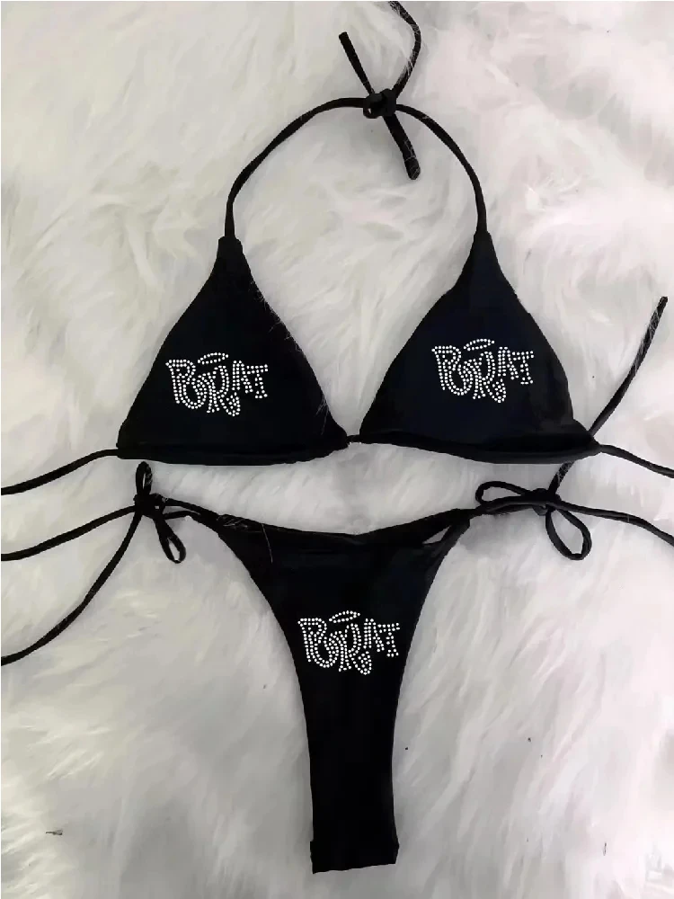 

Fashion and Sexy Bikini Set Two Piece New Y2K Bikini Set Sexy Spicy Girl Letter Sticking Diamond Gothic Bikini