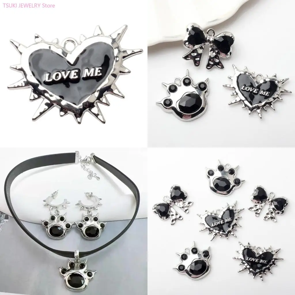 

62KE Summer Love Bowknot Claw Pendants with Hole Silver Heart Hang Tags Alloy Jewelry Necklace Pendant DIY Accessories